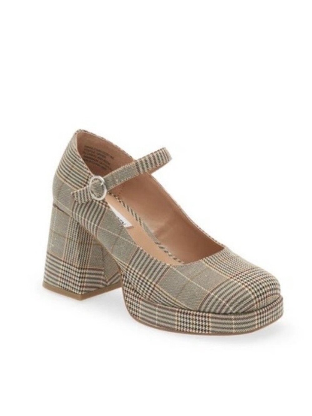 Plaid Mary Jane Block Heel Pumps - Beige Plaid